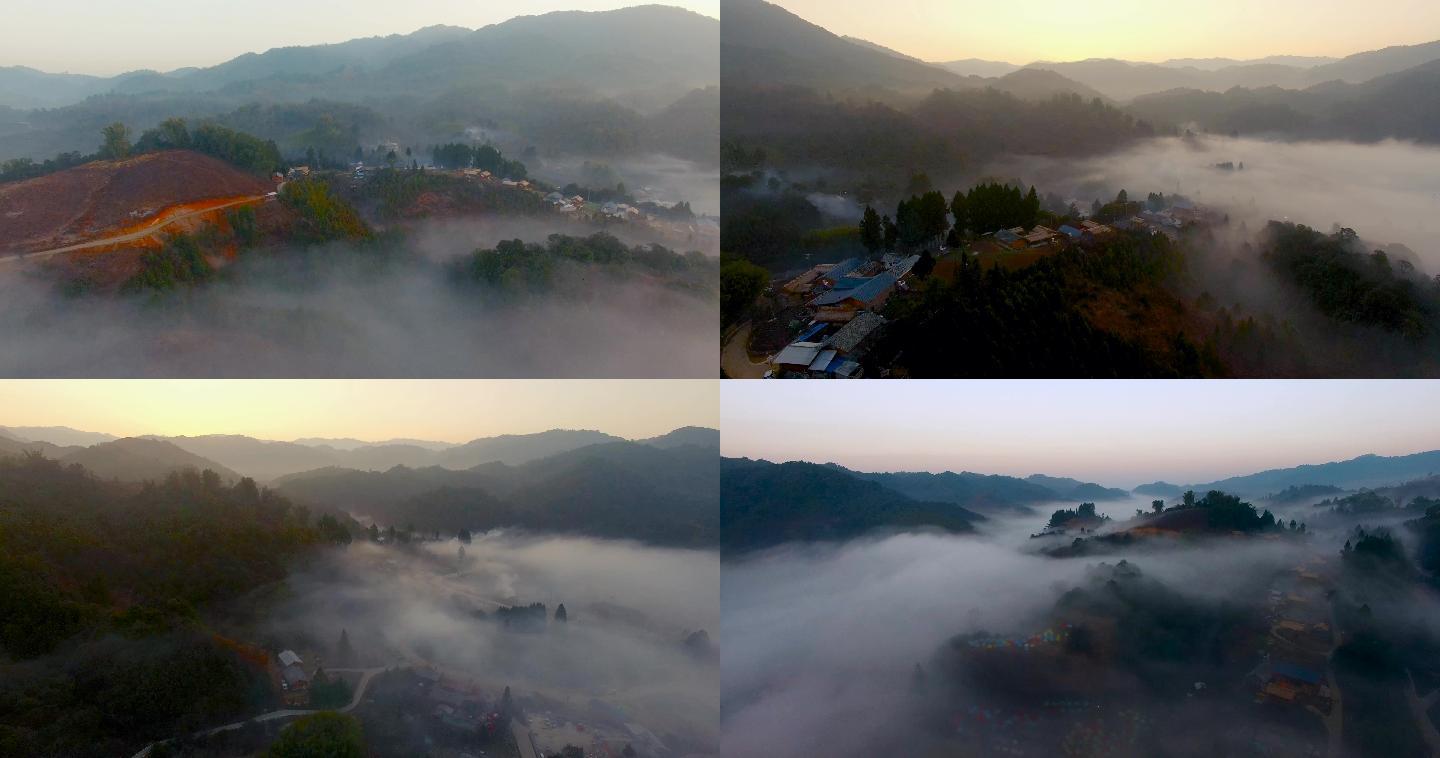 民族山乡视频黎明前云雾笼罩傈僳族山寨
