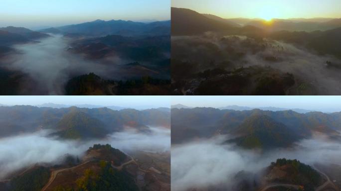 云雾山寨视频黎明时雾气笼罩的山川民族村寨