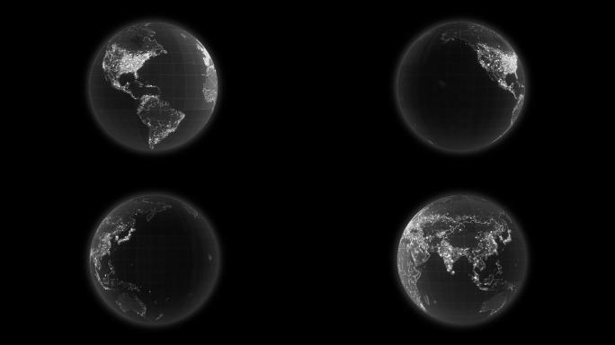 黑白科技感地球旋转：无限循环+带透明通道