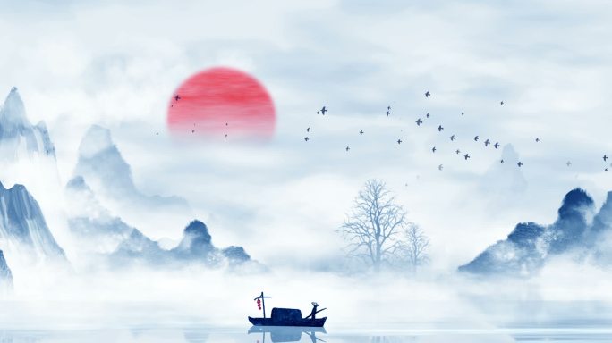 中国风水墨山水船飞鸟诗意文化仙境唯美