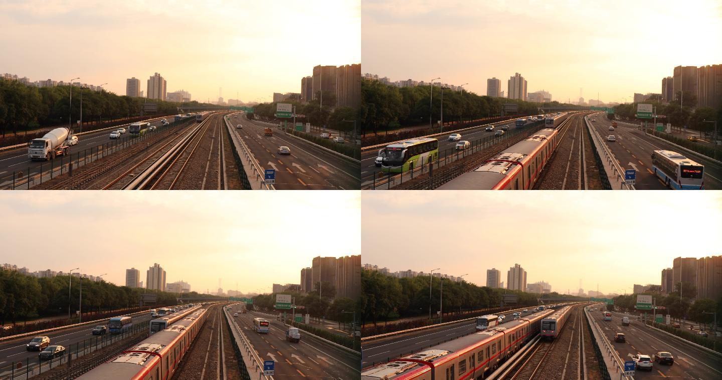 北京城市地铁黄昏全景