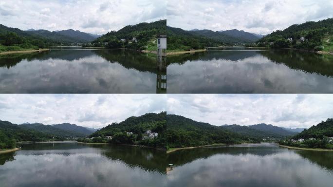 青阳县庙前镇星星水库航拍全貌以及钓鱼的镜