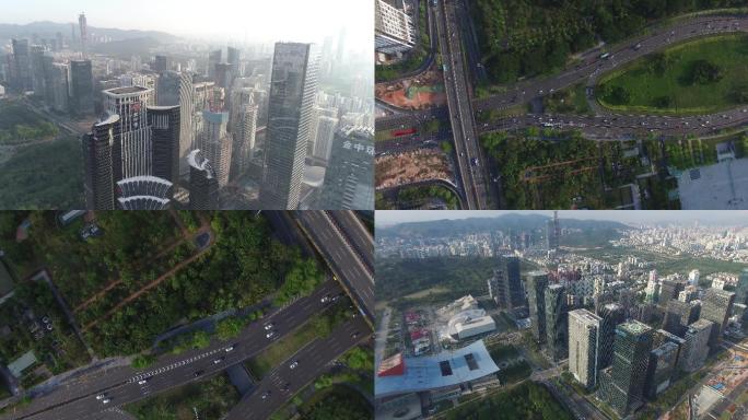 4k航拍深圳市民中心高楼大厦，俯拍公路