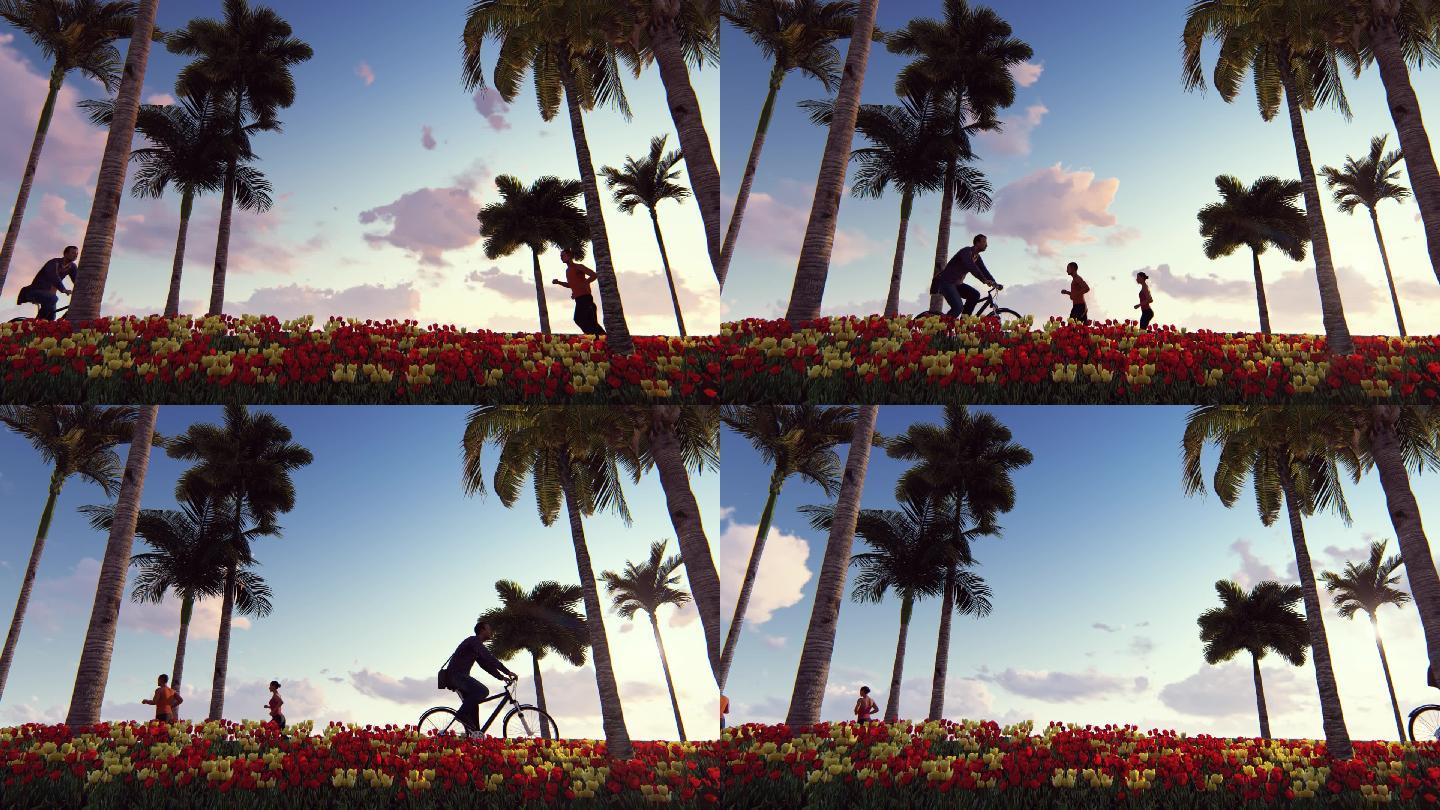 3D动画-公园椰林花海骑车跑步001