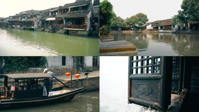 西塘古镇日景河道建筑船