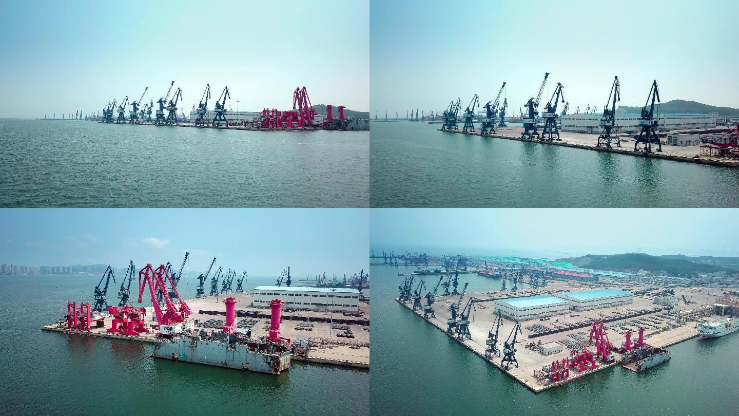 航拍海港散货码头塔吊装卸基地
