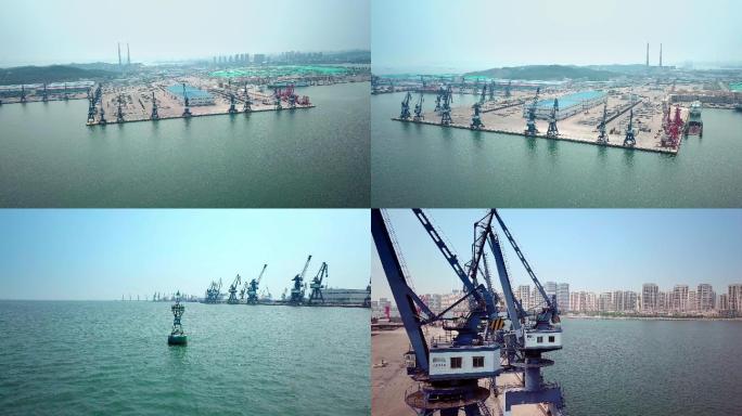 航拍海港散货码头塔吊装卸基地