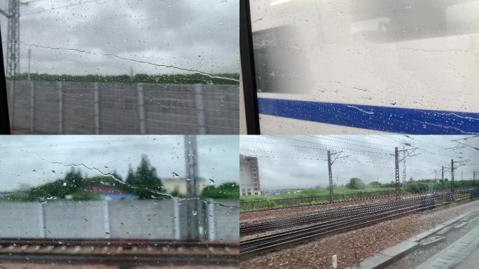高清高铁行驶窗外雨天风景