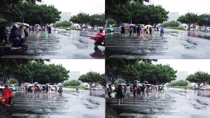 实拍夏天雨季广州天河北中信广场前下班高峰