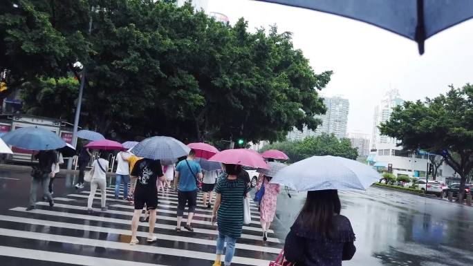实拍夏天雨季广州天河北路下班高峰期冒雨前