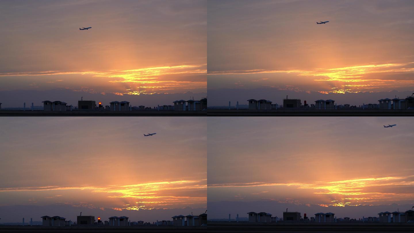 夕阳霞光下的飞机起飞日落