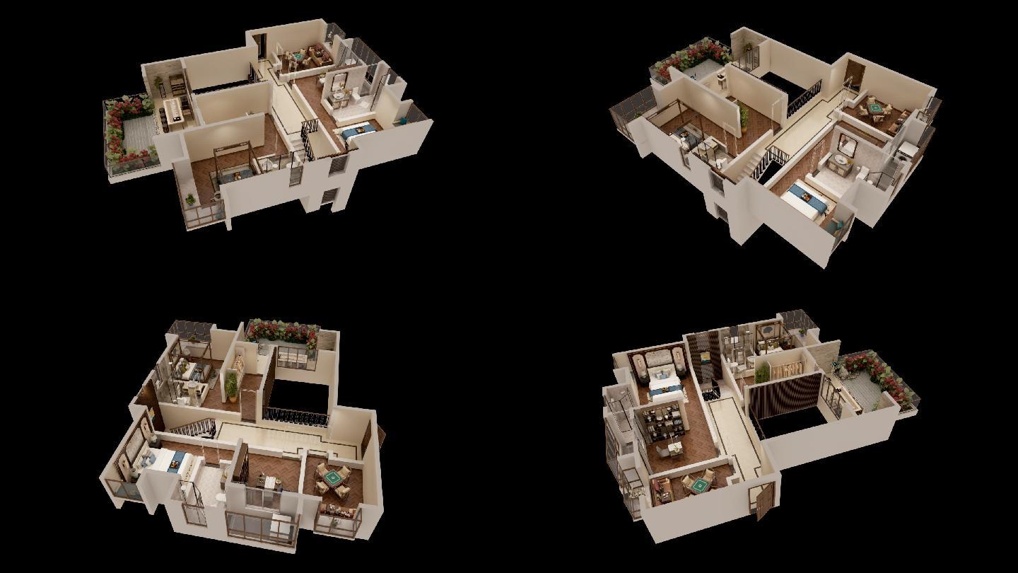 3D动画-别墅样板房平面户型图展示