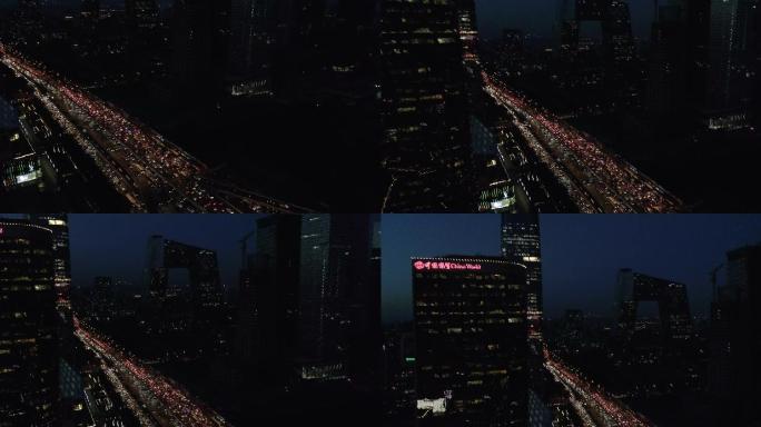 航拍北京地标国贸中央电视台夜景带车流