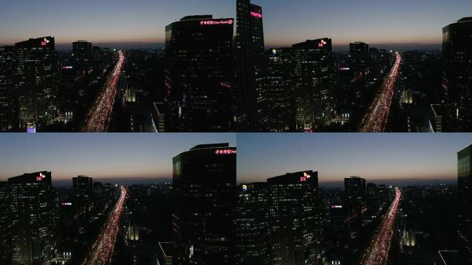 航拍北京地标国贸商城SK大厦夜景带车流