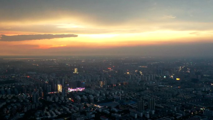 航拍城市晚霞延时