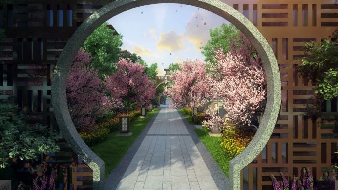 新中式社区樱花道景观空镜头