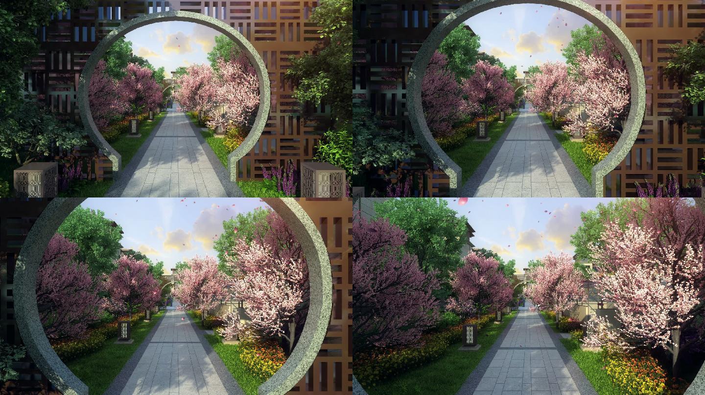 新中式社区樱花道景观空镜头