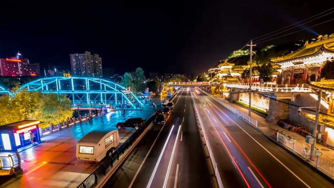 兰州中山桥北滨河路夜景延时摄影