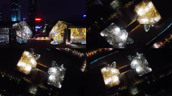 航拍深圳音乐厅图书馆城市夜景