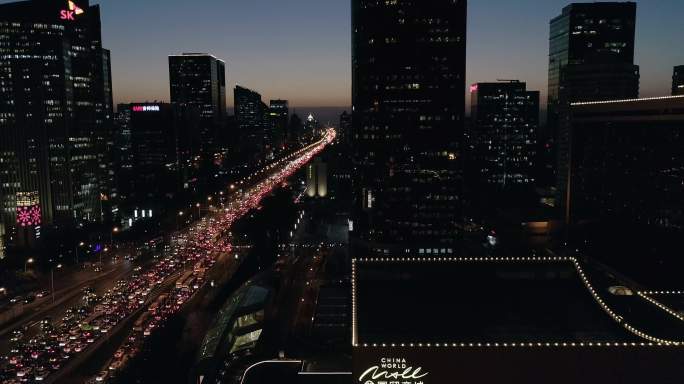 航拍北京地标国贸商城CBD夜景带车流