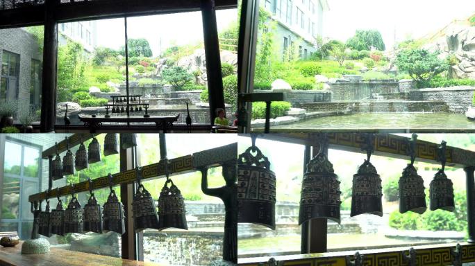 4K编钟古代乐器窗户窗外风景中式庭院