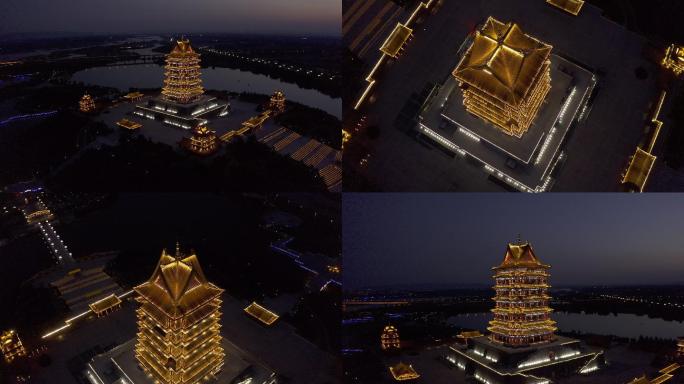 4K-原素材-中华黄河楼夜景航拍