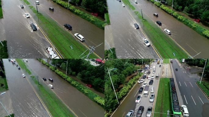 涉水行车、马路积水、积水、内涝