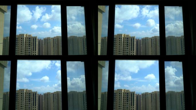 4K窗外蓝天白云窗户窗外风景