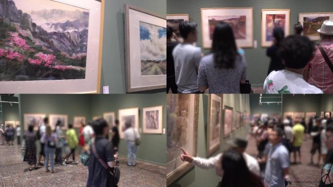 4K参观美术馆人群艺术作品油画水彩画展览