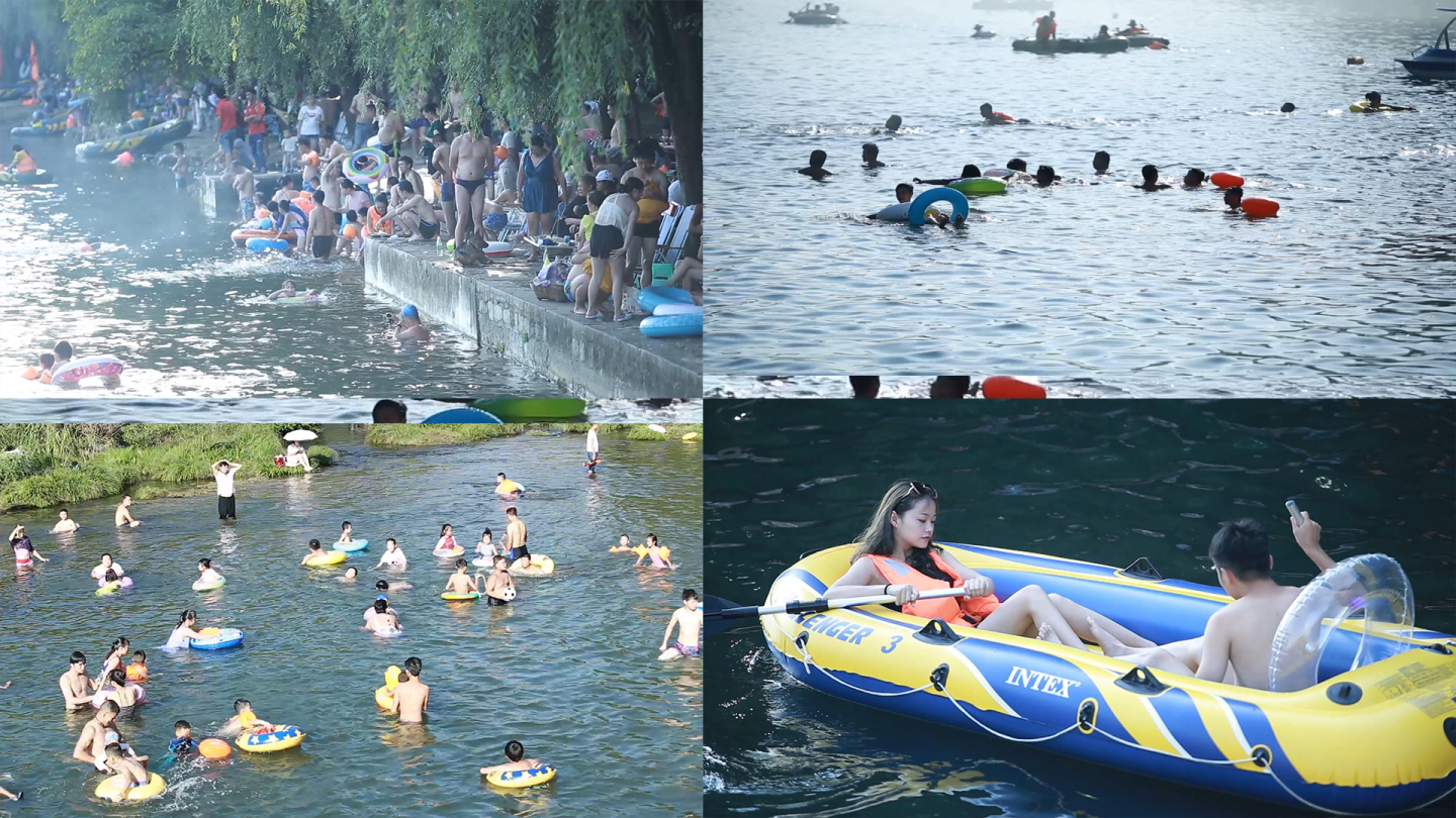 炎热夏季人下河游泳戏水乘凉划汽艇