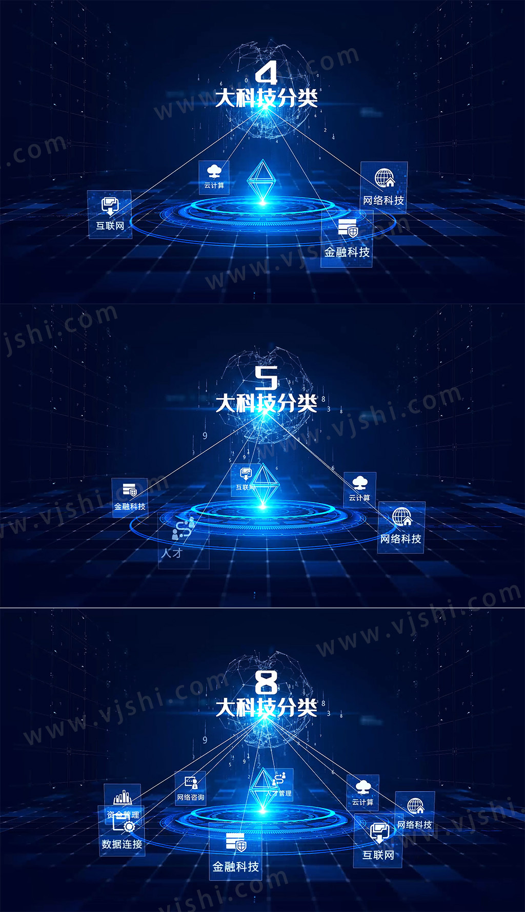 蓝色科技旋转图标文字分支数据展示介绍