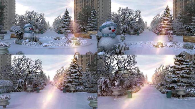 公园小区冬季雪景宣传