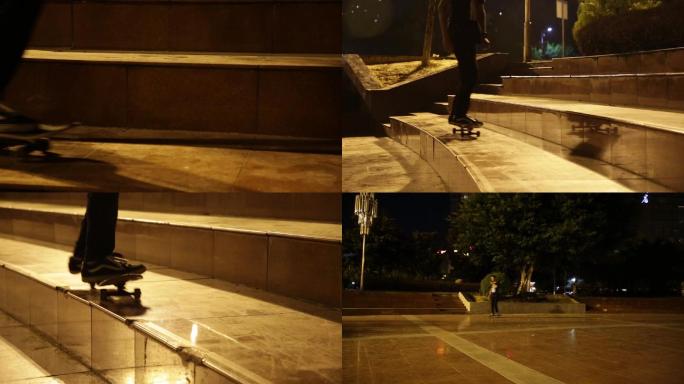 夜晚广场滑板少年