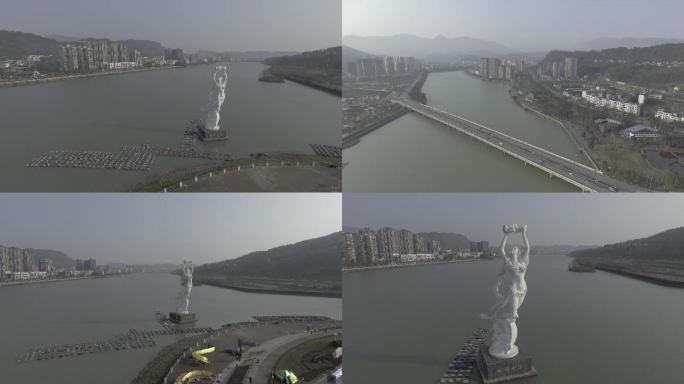雅安雨城区女娲补天雕像大桥航拍