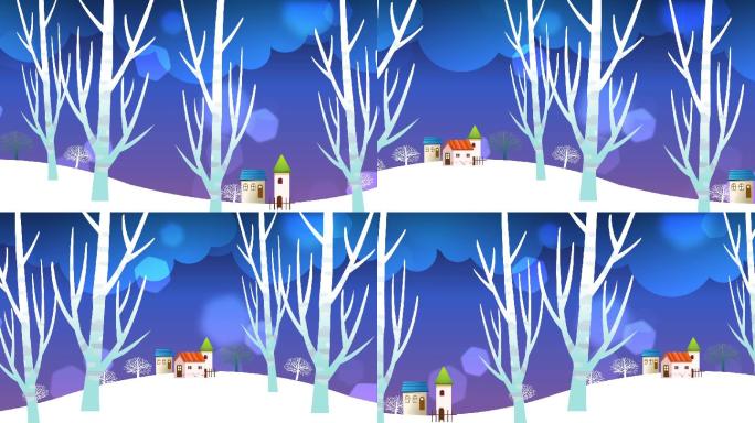 卡通冬天夜晚静逸村子树循环背景