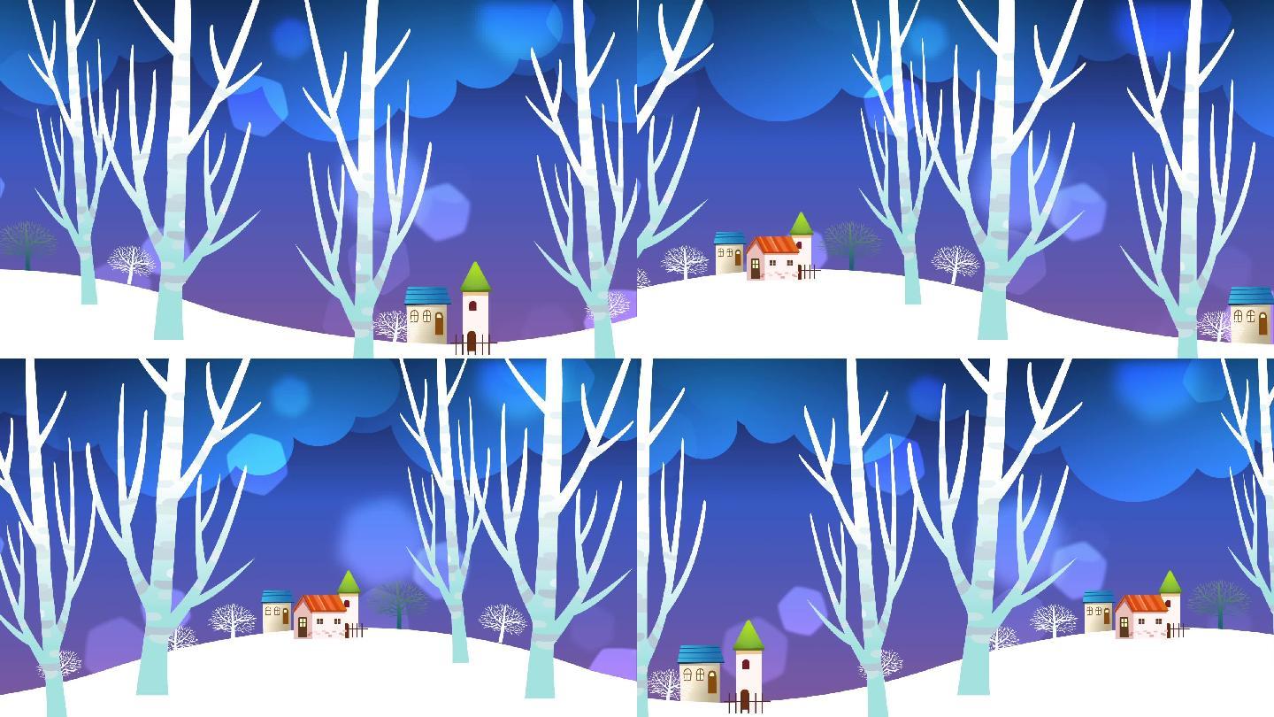 卡通冬天夜晚静逸村子树循环背景