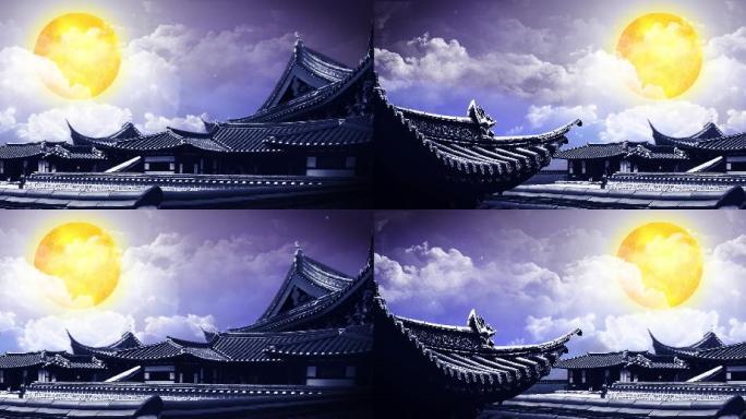 唯美中秋节古建筑月亮白云天空LED背景