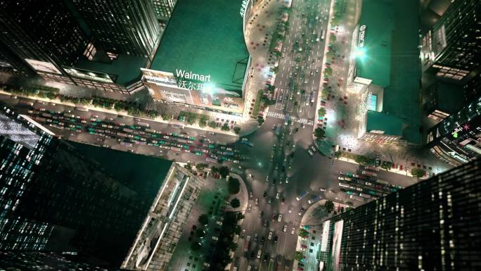 三维繁华城市商业中心人流车流夜景