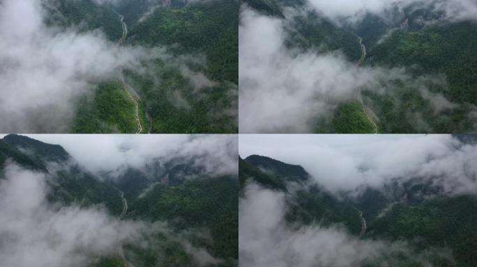 四川达州宣汉县巴山大峡谷雨天云雾航拍