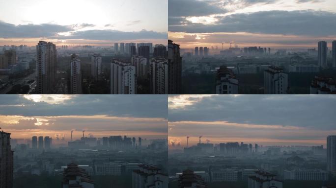 环境污染雾霾清晨城市烟囱