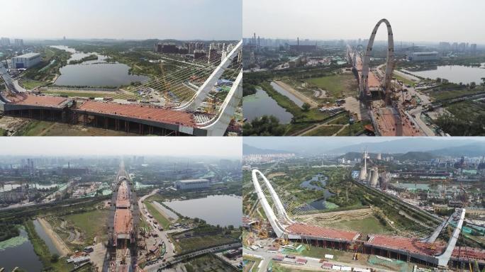 航拍北京建设中的新首钢大桥
