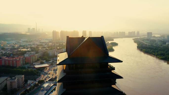 兰州航拍黄河楼航拍黄河夕阳兰州城