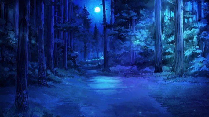 森林夜晚月光温馨蓝色幽静卡通