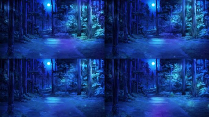 森林夜晚月光温馨蓝色幽静卡通