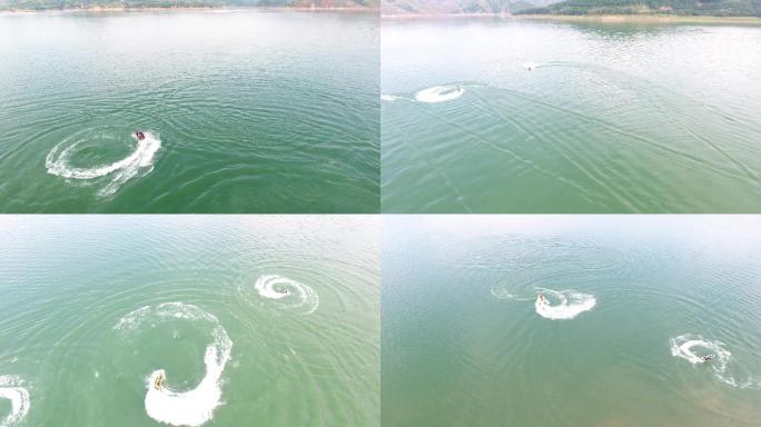航拍在风景如画的湖面驾驶摩托艇！