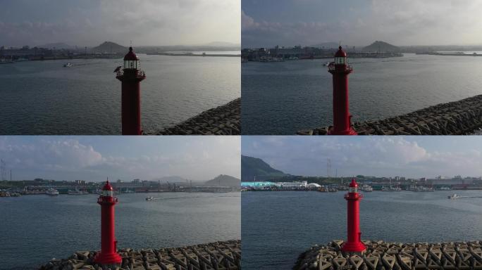 4K原素材-航拍蓝色海面上的红色灯塔