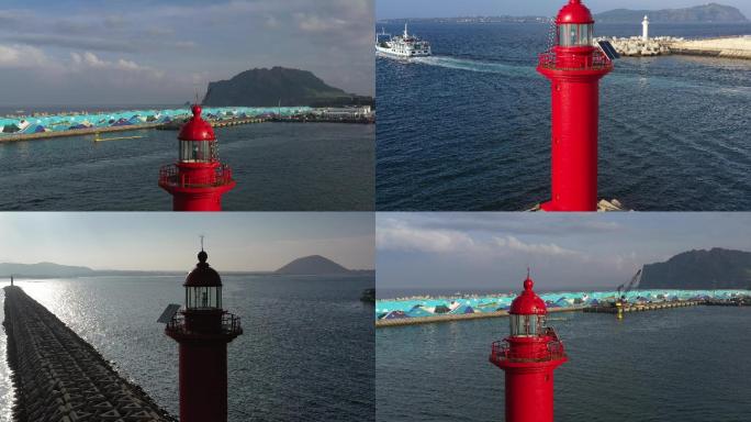 4K原素材-航拍蓝色海面上的红色灯塔