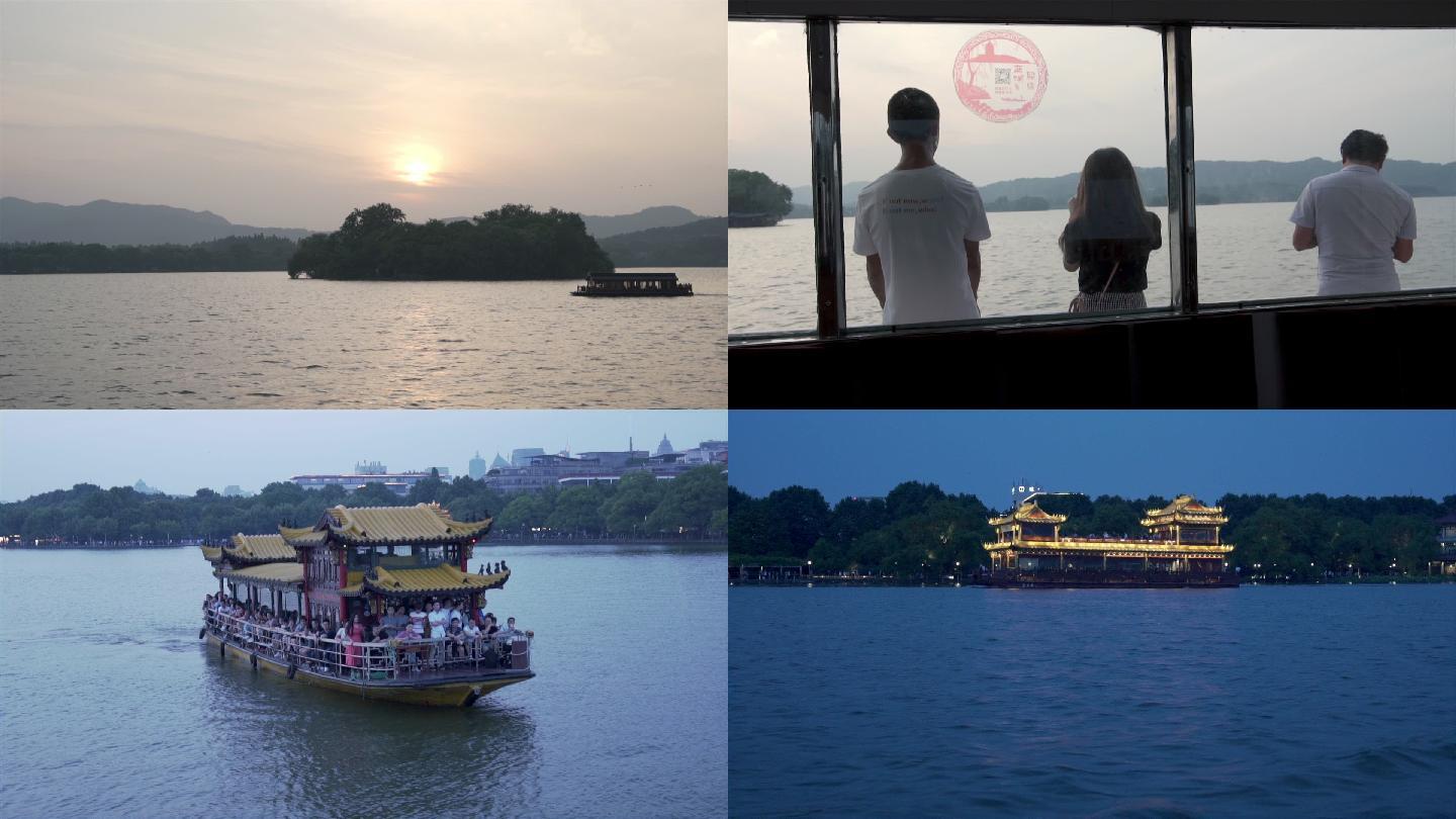 夏季傍晚杭州西湖游船拍西湖