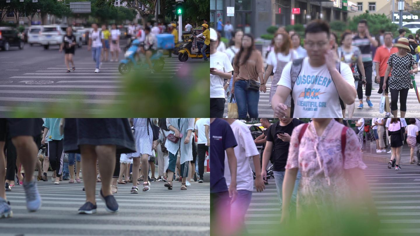 4K城市人流素材十字路口过马路脚步人群