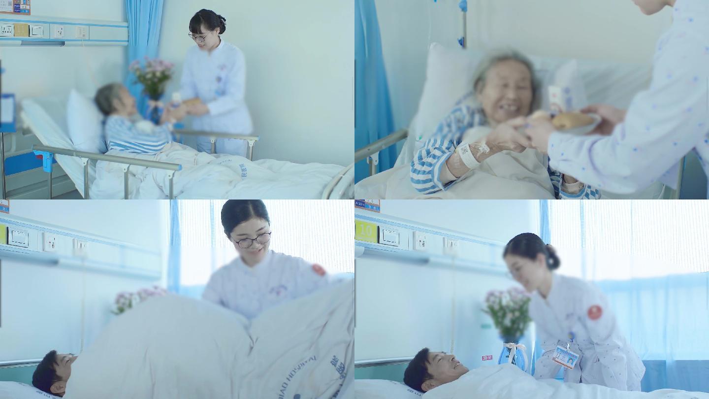 护士微笑送早点照顾病人